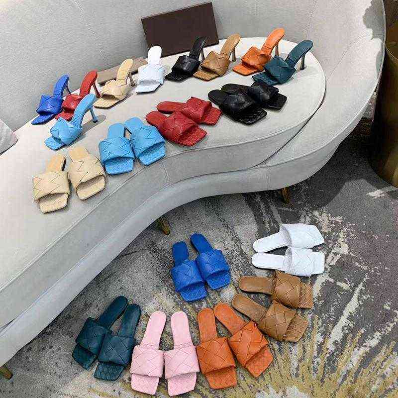 

Sexy Flat slides Lido Sandals Woven Luxurys Designers women slippers square mules shoes Ladies Wedding heels Dress 10 color High Quality, Box