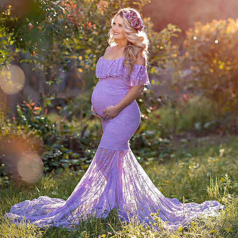 

Ruffles Lace Maternity Dresses For Photo Shoot Shoulderless Fancy Pregnancy Dress Long Pregnant Women Maxi Gown Photography Prop G220418, Wine red