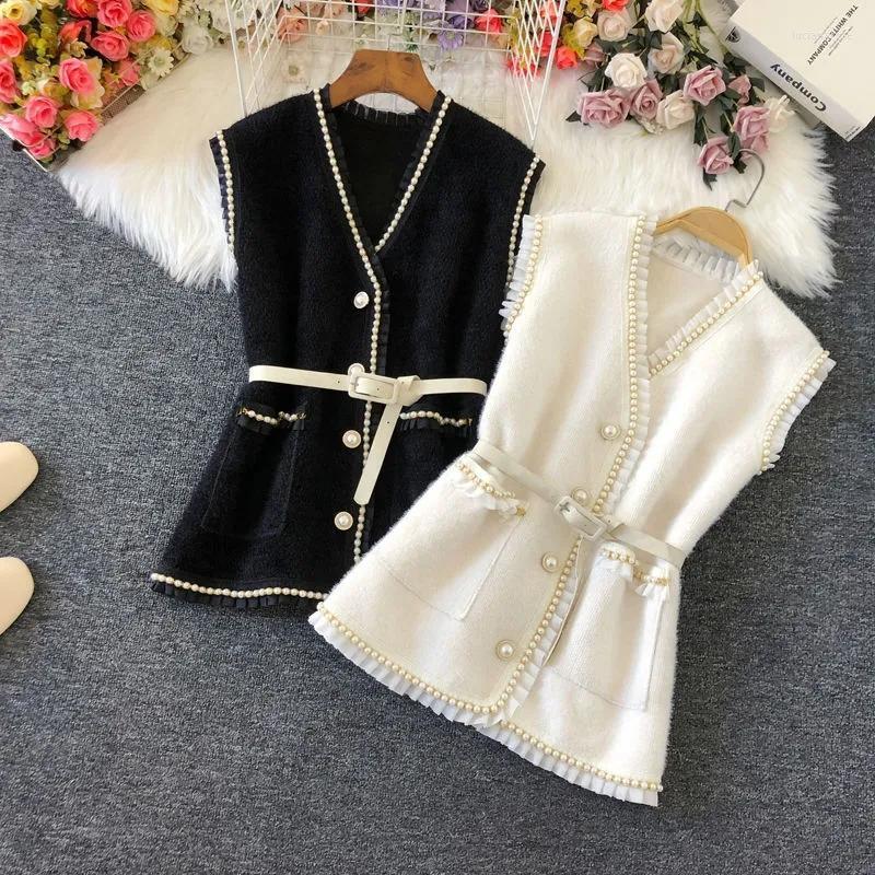 

Women' Vests Vintage Woolen Sweater Vest Jacket Women Spring Elegant V-Neck Sleeveless Waistcoats Korean Casual Bead With Belt Chic Outerwe, Black