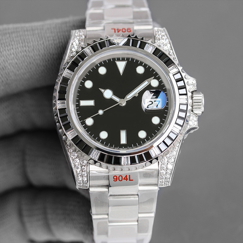 

Hjd Men's watch with diamond black dial automatic wristwatch machine 40mm stainless steel 904L ST9 folding buckle sapphire mirror submarine Montre De Luxe watches