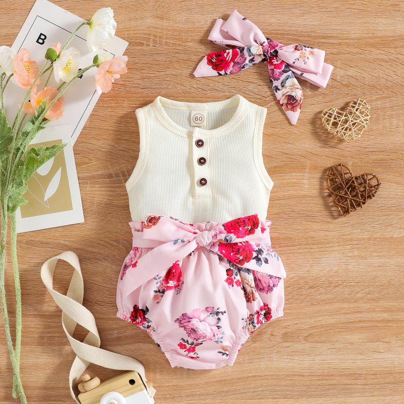

Clothing Sets Infant Baby Girls Floral Print Outfits Button Ribbed Tank Top Bow Shorts Headband Three Piece Fashion Clothes Set Summer Suits, White