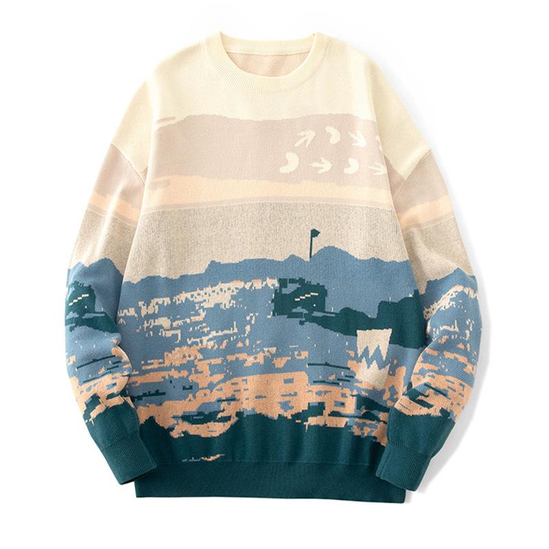 

Men's Sweaters Vintage Knitted Sweater Men Gradient Pattern Print Pullover Casual O-Neck Oversize Unisex Autumn Spring Streetwear Male, Sky blue