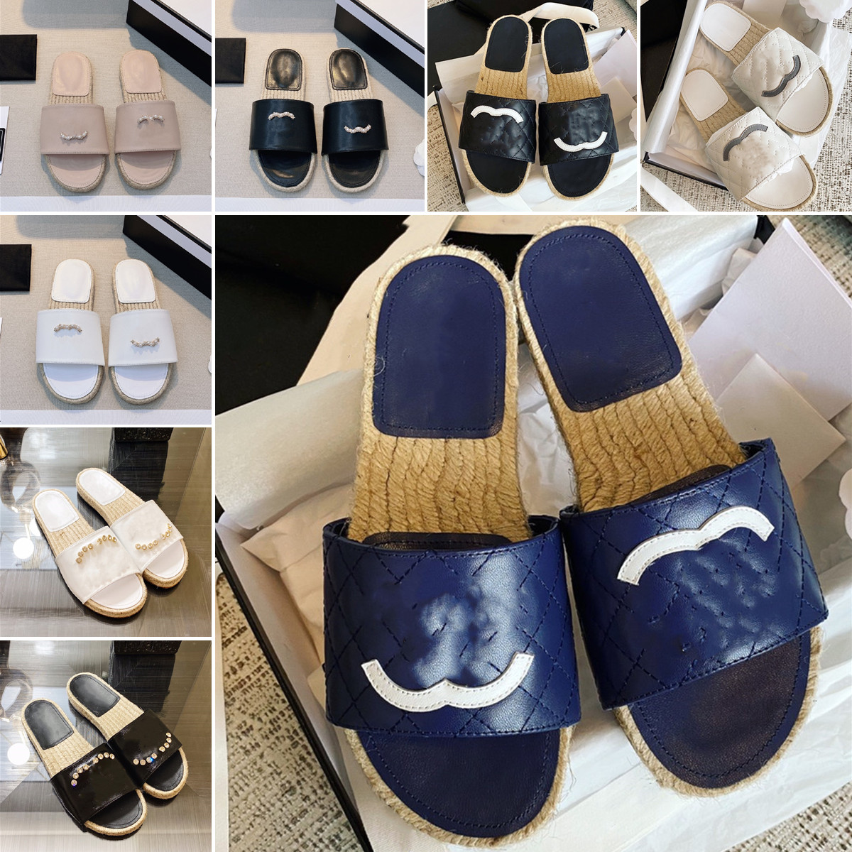 

Designer C Luxury Women Slippers Sandals Diamond Big Logo Fisherman Flat Slipper Scuff Summer Low Heel Slides Flip Flops Size 34-40 with Original Box and Dust Bags, White & diamond logo