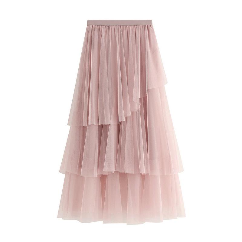 

Skirts Tulle Women Mesh Elastic Tutu Skirt 2022 Spring Summer Korean High Waist Kpop Fashion Pleated Long Black/Pink