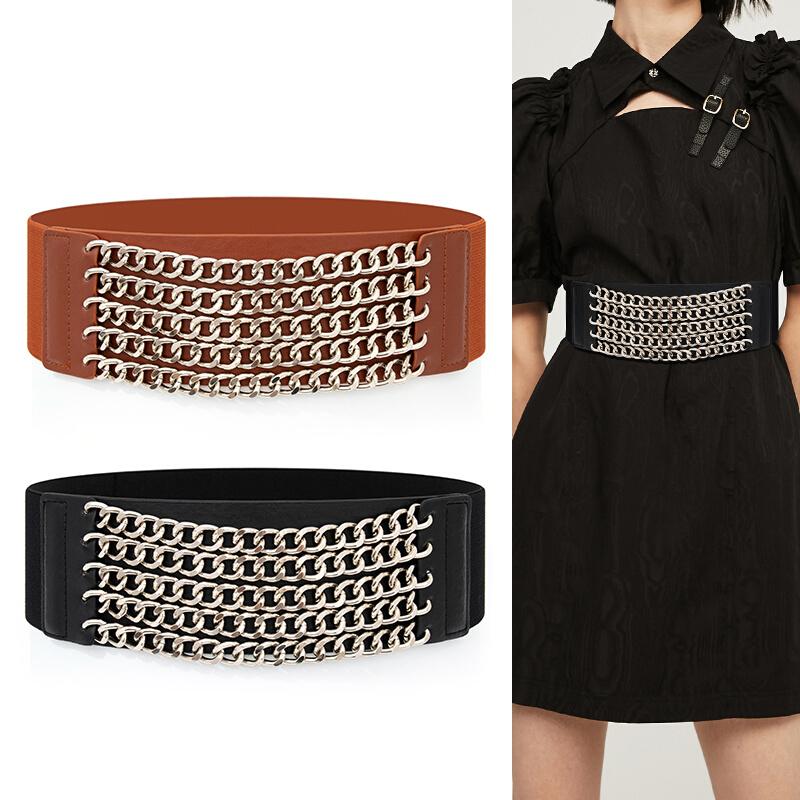 

Belts Fashion Women's Wide Elastic Waist Belt With Chain Stretch Corset Cinch Waistband Female Ladies Dress DecorationBelts, Beige