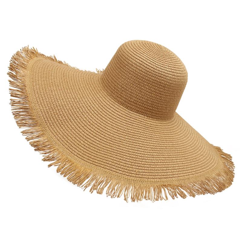 

Wide Brim Hats Women Straw Sun Large Caps Girls Panama Hat Beach Cap Female Knitted Raw Edge For HolidayWide, Beige