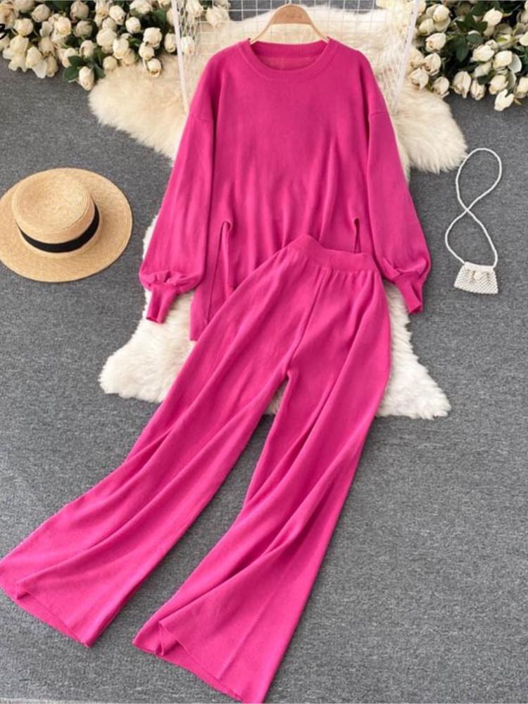 

Women's Two Piece Pants Women 2 Set Knitted Tracksuit Autumn Spring O Neck Sweater Fashion Basic Ladies Pullover Tops Wide Leg Home Suit, Blue