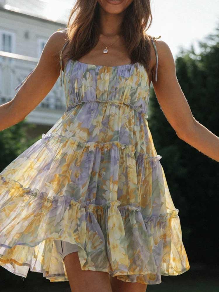 

Casual Dresses Sexy Slip Floral Printed Loose Mini Dress Summer Women Backless Strapless Boho Sand Beachwear Holiday Party Vestidos WDC7561, Purple yellow