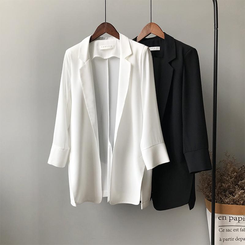 

Women's Suits & Blazers Streetwear Chiffon Solid Blazer Jacket Femme Elegant Notched Collar Full Sleeve Women Thin Summer White Suit CoatWom, Black