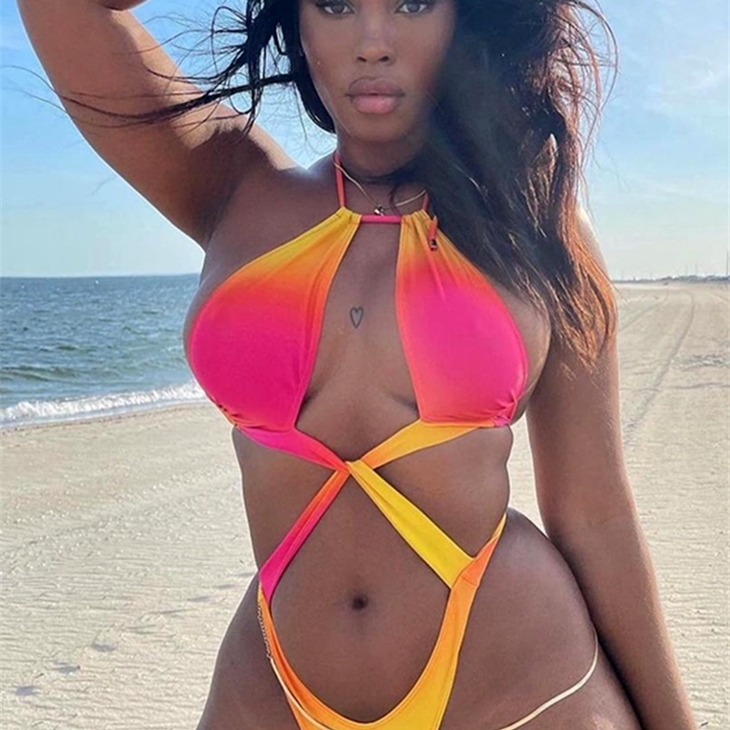 

Sexy Tie-Dye Print Swimwear Women Swimsuit Female Hollow Out Bathing Suit Summer Beach Wear Backless Monokini 220401