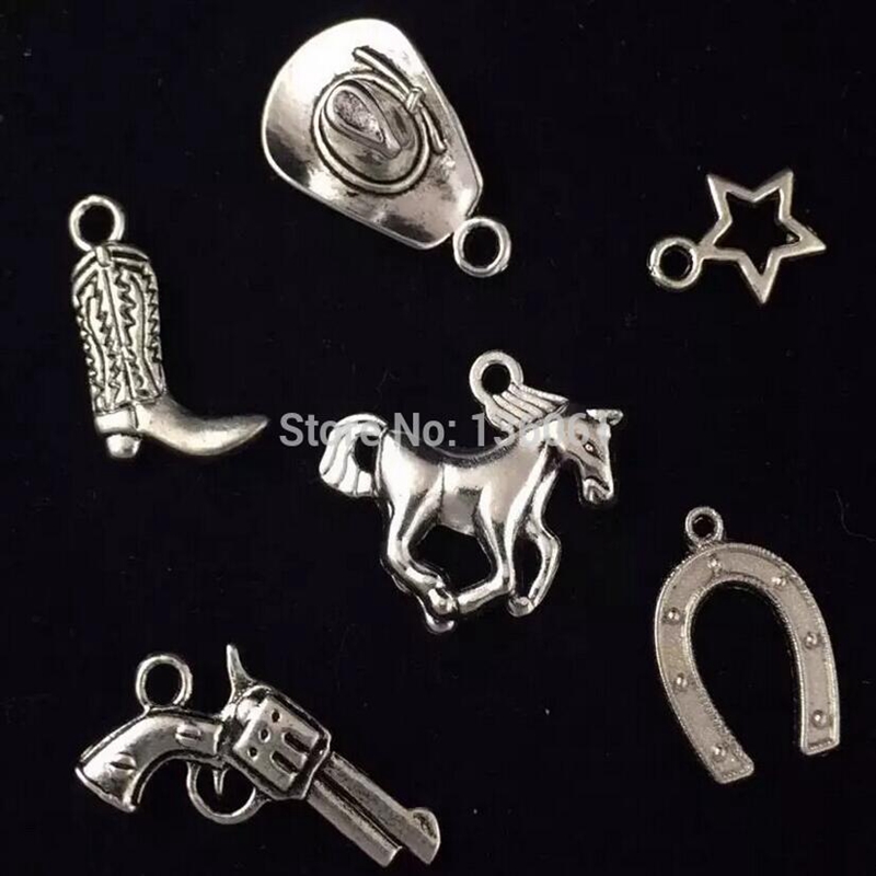 Vintage Silver Charms Punk Cowboy Hat Horseshoe Horse Star Gun Alloy Pendants For Bracelet Earrings NecklacesJewelry Girls Bijoux Components 200P-image-760645061