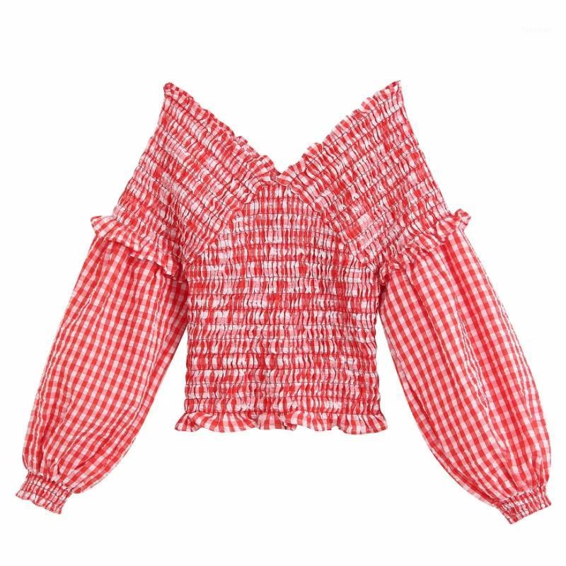 

Women's Blouses & Shirts Flabbit Summer Women 2022 V-neck Cotton Red Check Long-sleeved Casual Loose-fitting Short For Ladies Style Shirt LX, As pic bblx126