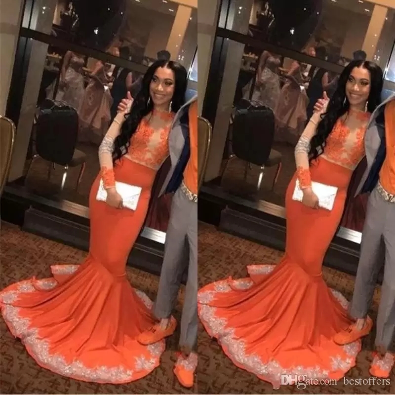 

Sexy African Arabic Black Girls Mermaid Orange Prom Dresses Long Sleeve Lace Applieque Plus Size Couple plus Size Evening Gowns BC0902, Blue