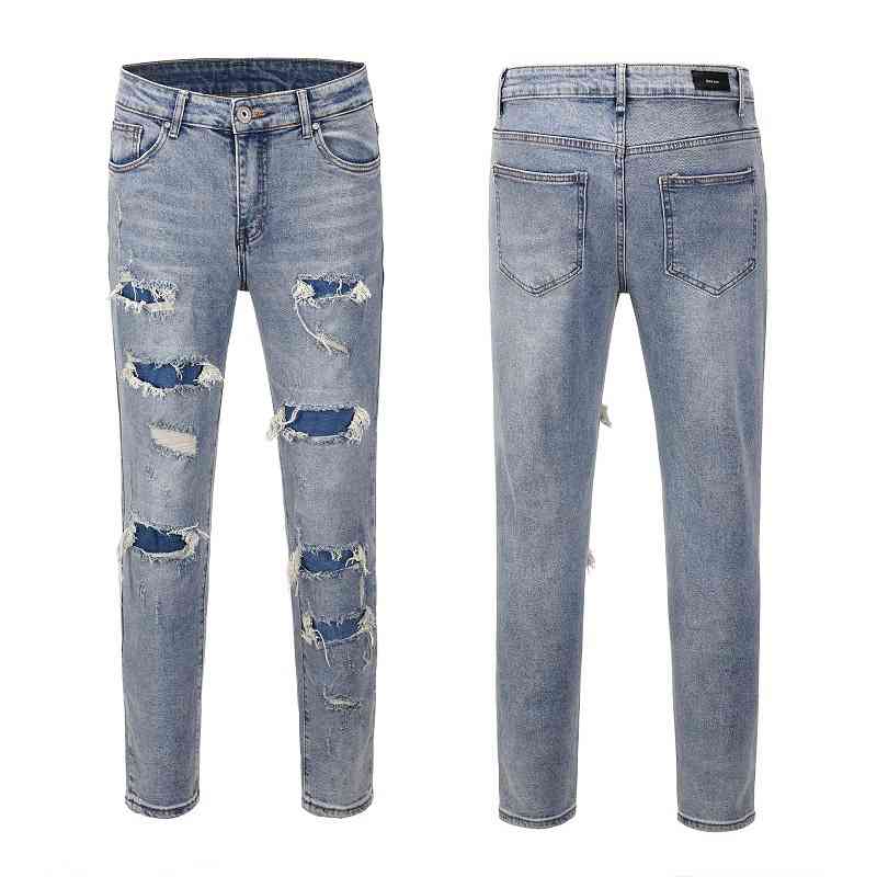 

High Bieber same street hip hop fashion brand washed and made old straight tube damaged hole men's jeans, Light blue