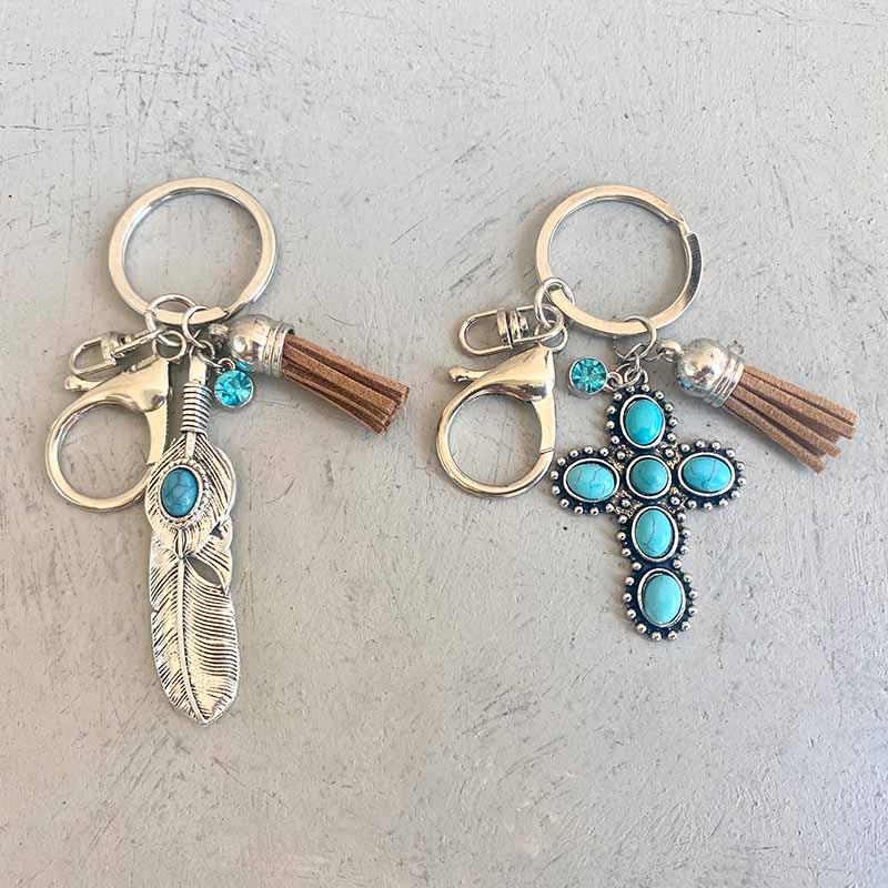 

Keychains Western Leaf Corss With Turquoise Leather Fringe Keychain For Women Feather Shape Cowboy Style Birthstone PendantsKeychains