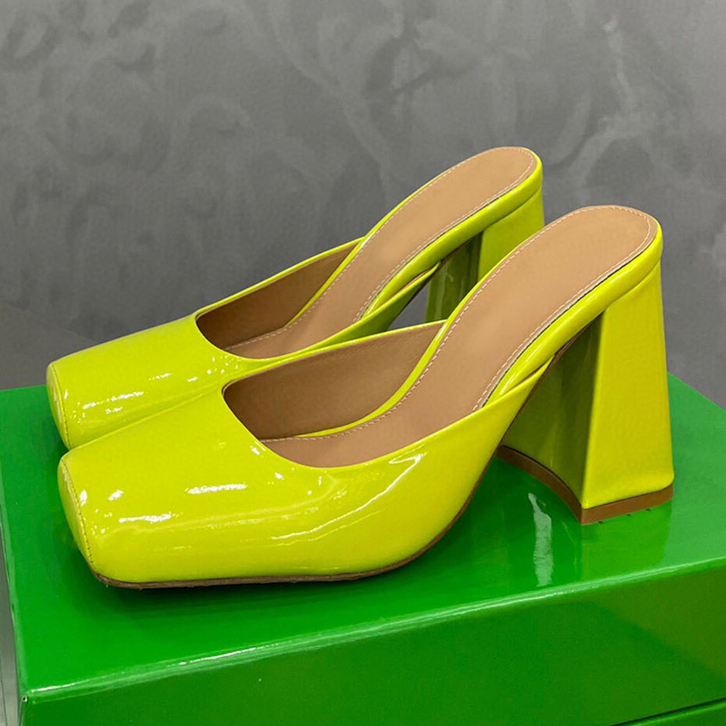 

Square Wrap Toe Mules Chunky Heels Women Slippers Patent Leather Brand Slides Summer High Heel Party Shoes Women Sandalias Mujer, Green