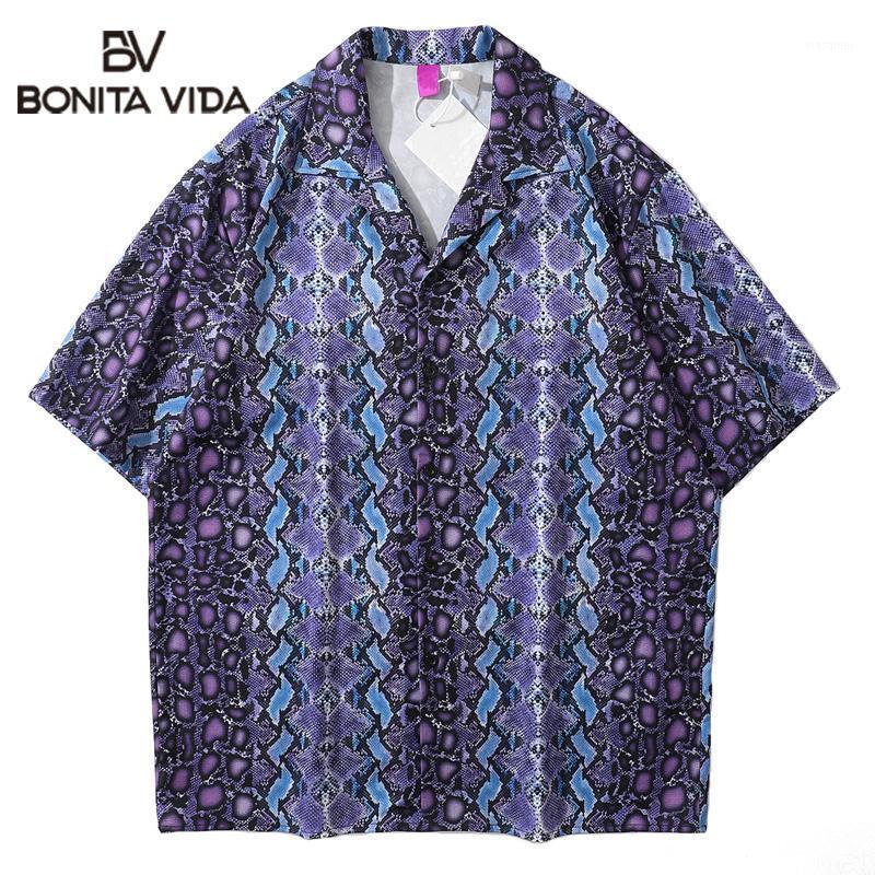 

Bonita Vida Hawaiian Shirts Streetwear Hip Hop Leopard Snakeskin Python Print Short Sleeve Tropical Beach Shirt Button Tops Men's Casual, Purple