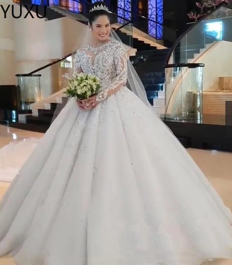 2022 Arabic Muslim Satin Wedding Dresses High Neck Lace Appliqued Long Sleeves Bridal Gowns Ball Gown Custom Made Wedding Gowns-image-788919334