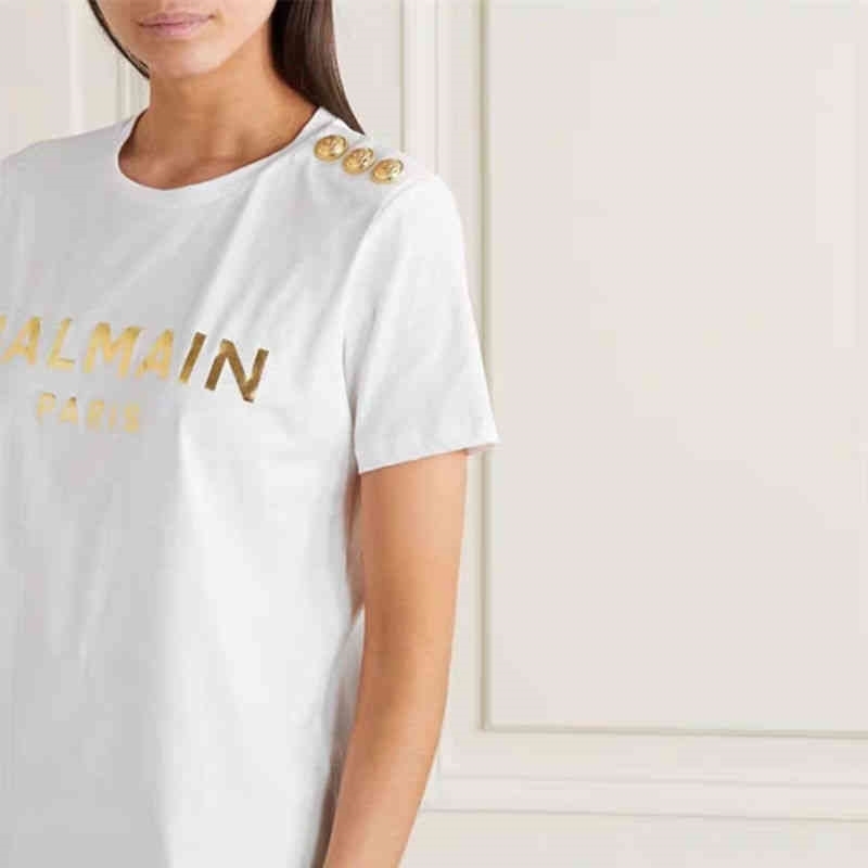 

balman brand 20s spring show balman T-shirt cotton bronzing silver new letter gold button silver button, White gold buckle