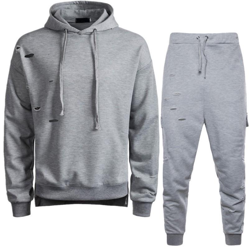

Men' Tracksuits Fashion Mens Hoodie Sweatshirt Tracksuit Casual Pullover Full Length Sweatpants Track Suit Male Hole Ripped Two Piece Set O, Black