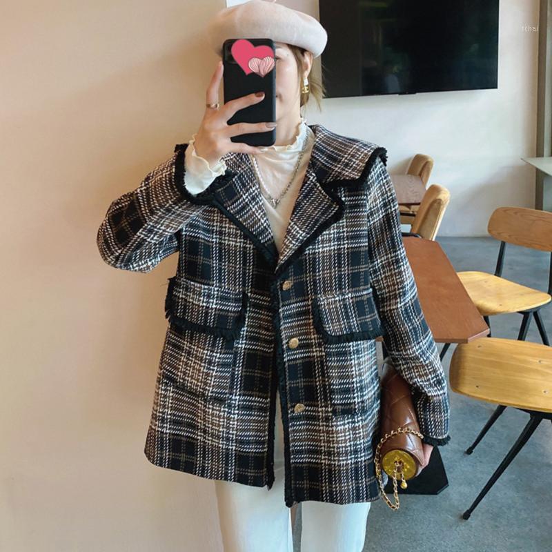 

Women' Jackets 2022 Autumn Retro Navy Collar Check Woolen Coat Women Elegant Light Luxury Small Fragrance Wind Loose Top Lady Casual Jacket, Black