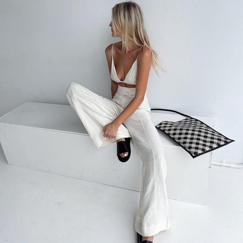 

Women' Two Piece Pants Crop Top And Set Women Summer Outfit 2022 Sexy Fashion Trousers Matching Sets Cotton Linen Breathable Pant SuitsWome, White