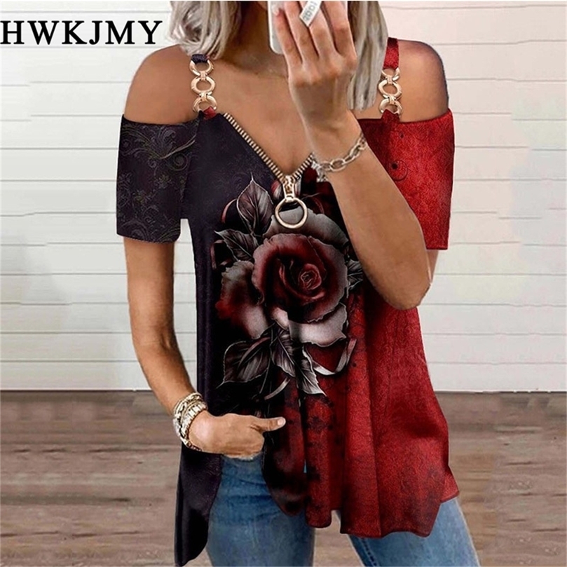 

Women Summer V-neck Zipper Shirt Rose Print Chain Strap Off Shoulder Blouse Woman Clothing Short Sleeve Streetwear Tops 220407, Blue