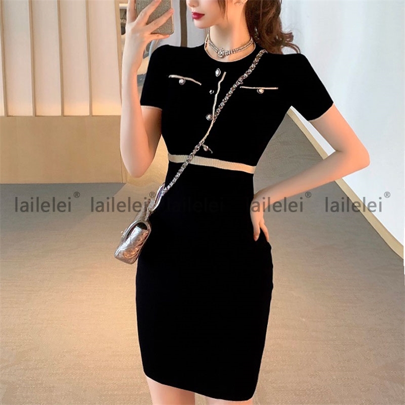 

Button Bodycon O Neck Short Sleeve Knitted Dress Women Elegant Party korean Fashion Office Lady Summer Sundress Robe Femme 220613, Pink