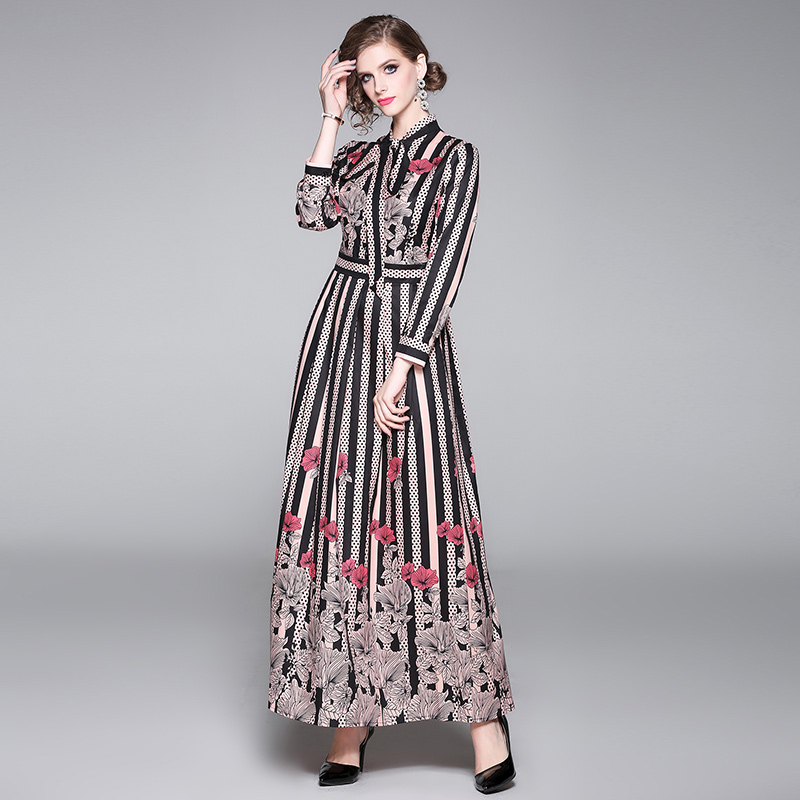 Robe de chemise maxi imprimée à rayures longues à manches longues 2022 Luxury Designer Rison Ladies Button Office décontracté robes plissées minc