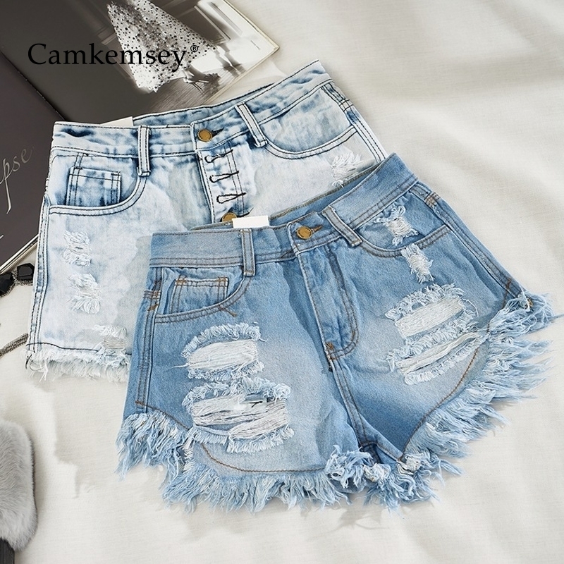 

CamKemsey Summer High Waist Denim Shorts Women Korean Solid Cuffed Tassels Ripped Holes Blue Jeans Shorts Sexy Club Shorts Y200512, White