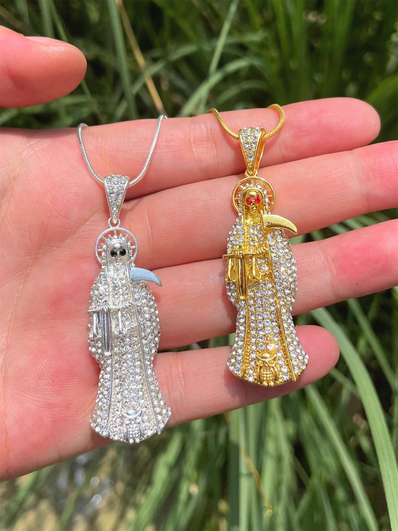 

Pendant Necklaces ANGLANG Santa Muerte Holy Death Cubic Zirconia Gold Colour Jesus Hip Hop Chain Necklace Bling Party Jewelry