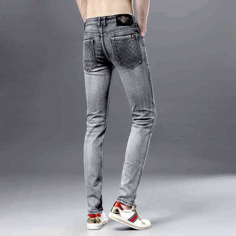 

Men's Brand Jeans Korean Version Elastic Casual Slim Fit Small Feet Smoke Grey Spring Summer Thin, K6029 thin