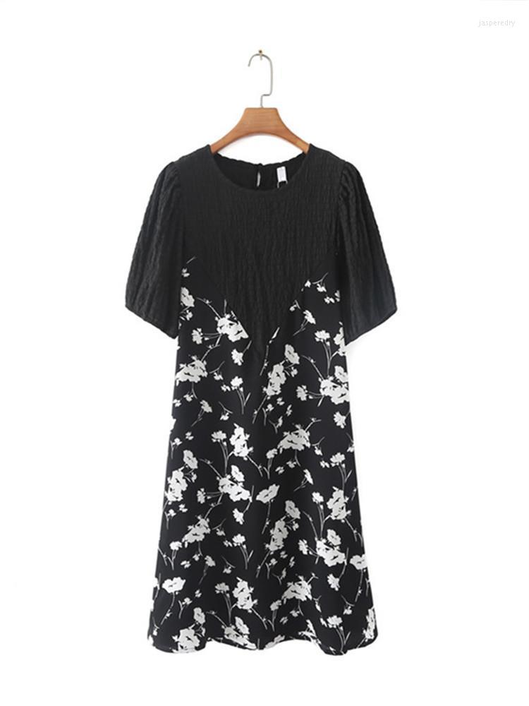 

Plus Size Dresses Clothing For Summer Dress Round Neck Short Sleeves Midlength Chiffon Floral Print Large Plump Women Jasp22, Black