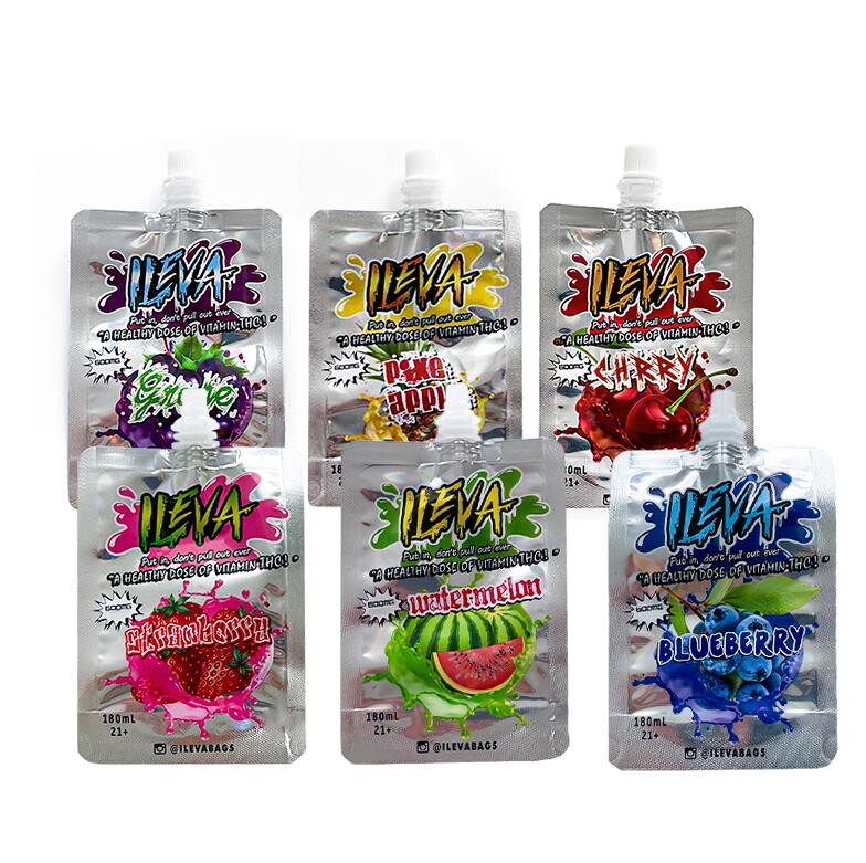 

Empty 600mg ILEVA Liquid Bags 180ml Suction Nozzle Juice Mylar Bag Resealable Edibles Aluminum Foil Spout Top Package