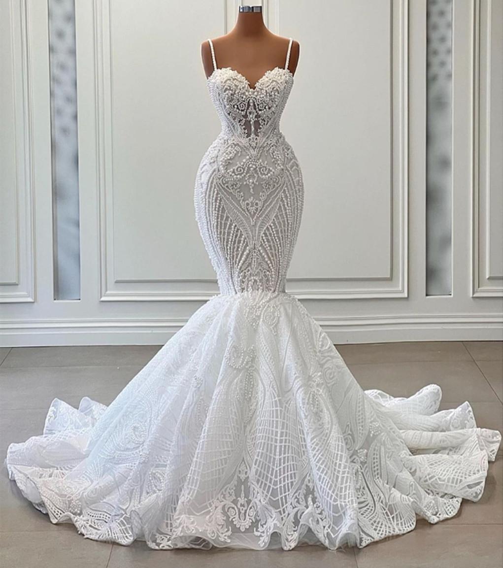 

Fancy Pearls Mermaid Wedding Dresses Lace Appliques Spaghetti Straps Bridal Gown Custom Made Sleeveless New Design Wedding Gowns, Daffodil