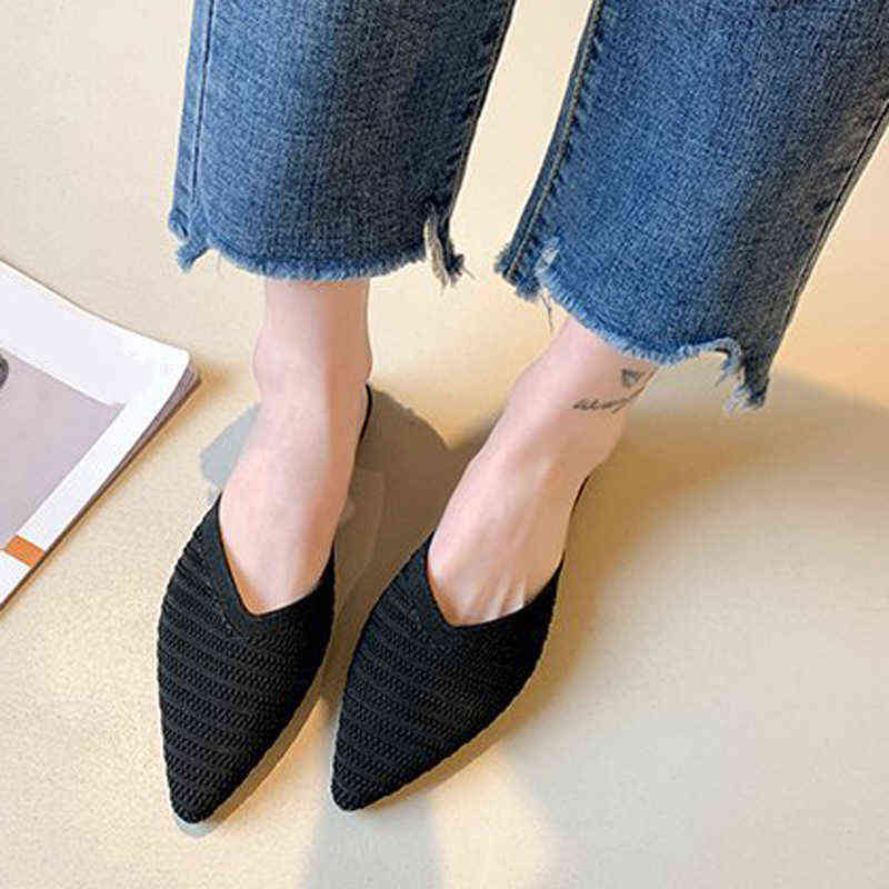 

Pointed Toe Shoes Women Summer Mesh Breath Slides Fashion Knitted Mules Shallow Flats Outdoor Slippers 220615, Beige