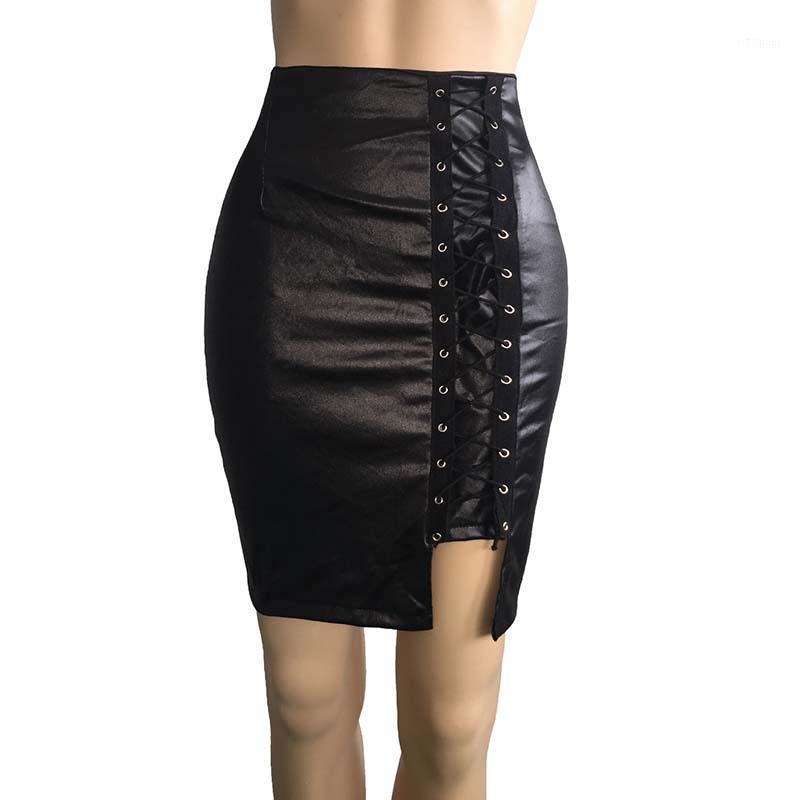 

Summer Sexy Skirts Women Bandage Hem Split Mini Bodycon Skirt High Waist PU Leather Solid Pencil Female, Bs0368-7