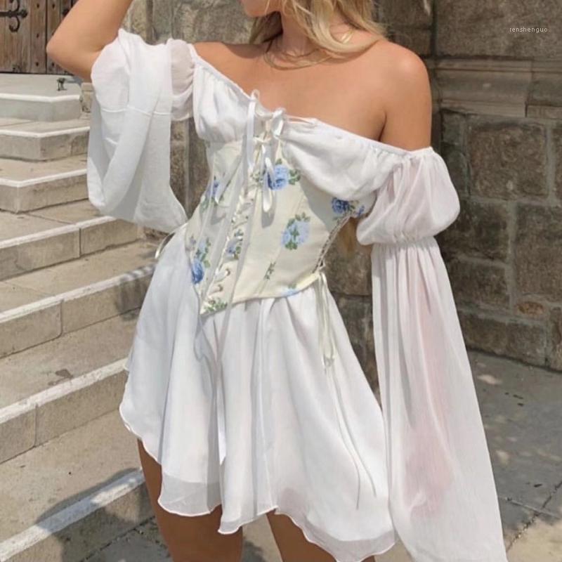 

Casual Dresses 2022 Princess Chiffon Dress Flare Sleeve Irregular White Vintage Slash Neck Sexy Holiday Vestidos Club Mini