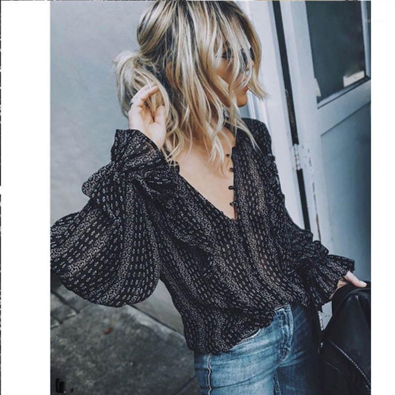 

Spring And Fall Retro Women' Shirt Black Boho 2022 Office Casual Balloon Long Sleeve V-Neck Tops Sexy Loose Shirts Blouses
