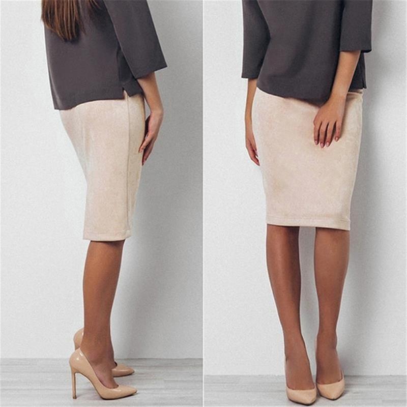 

Skirts Sexy Beige Color Suede Midi Pencil Skirt Women Fashion Elastic High Waist Office Lady Bodycon Saias