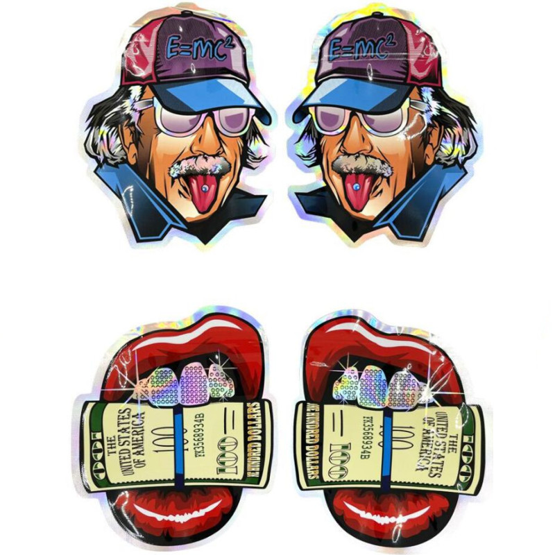 

holographic irregular mylar bag 3.5 edible package diecut white coochie coconut white runtz round ice cream bear exotic lemon cloud shape zipper custom