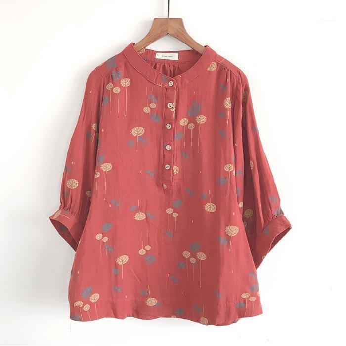 

Summer Women Shirt Japan Style Cotton Literary Print Tops Stand Collar Three Quarter Sleeve Blouse Women's Blouses & Shirts, Gray