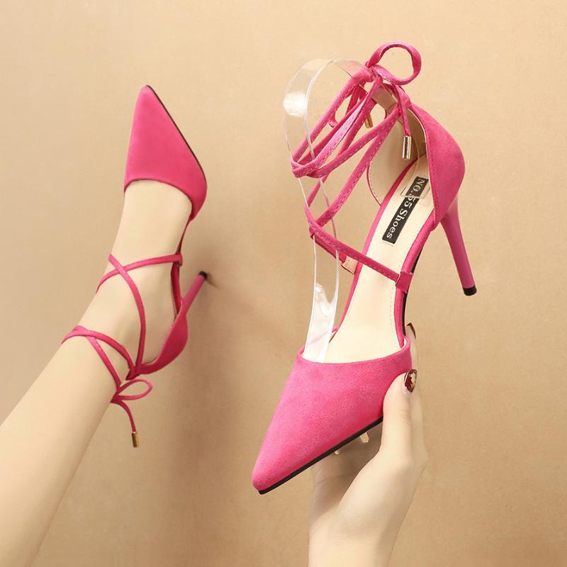

Sandals Meriahzheng Summer Suede Pointed Toe Strappy Bow High Heels Solid Color Stiletto Hollow Banquet Women's Shoes LSJ, Rosy red