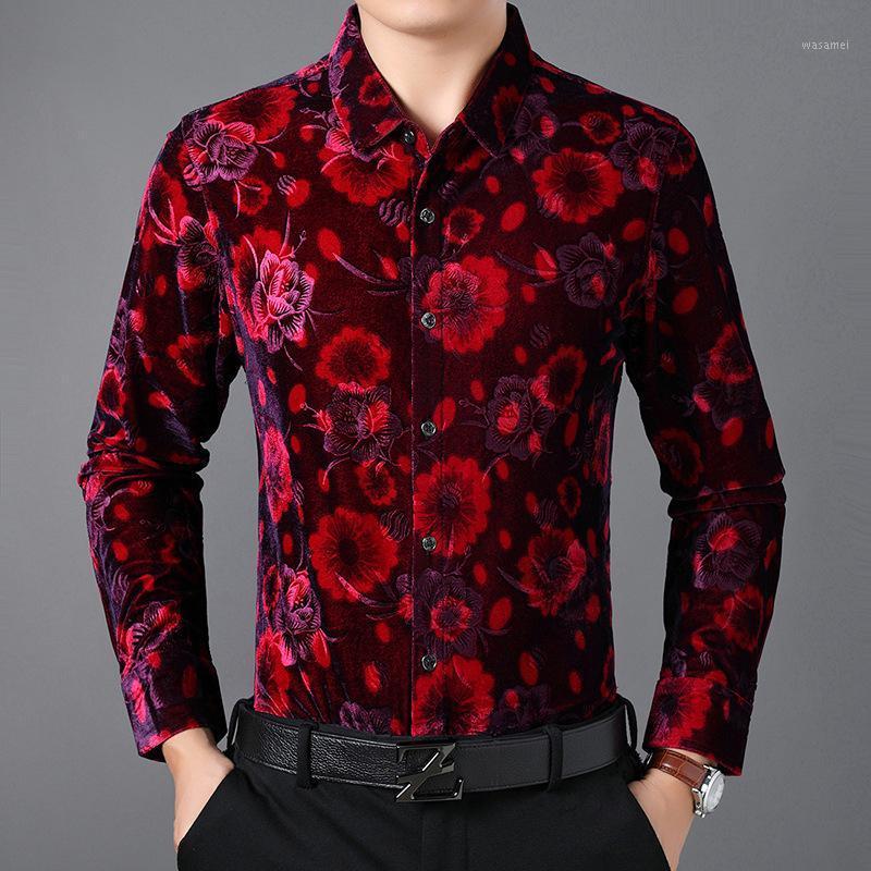 

Velvet Print Shirts Men Long Sleeve Casual Floral Dress Shirt Mens Work Business Camisas Oversized Flower Chemise Homme Men's, Blue