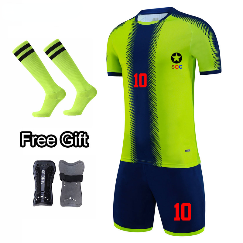 

customized Adult Kid soccer Jersey Uniforms Tracksuit Football Training Sets Boys Football Kit Clothes Free Socks Shin Pad K8825 220615, Blue