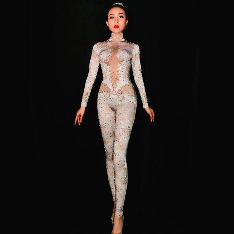 

Stage Wear Show Rhinestones Jumpsuit Leggings Stretch Sexy Costume Women Nightclub Party Dance Bodysuit Fashion RompersStage, Beige