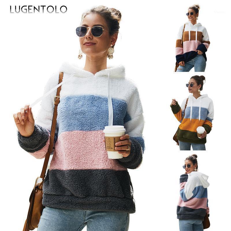 

Lugentolo Women' Sweatshirt Loose Hooded Autumn Winter Fashion Furry Panel Top Casual Long Sleeve Female Sweatshirts Hoodies, Blue yellow green