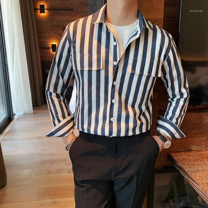 

Spring Korean Long Sleeve Vertical Stripes Shirts For Men Clothing 2022 Fashion Front Pockets Slim Fit Casual Blouse Homme Men's, Blue