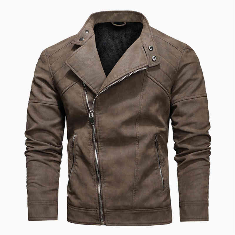 

AIOPESON Fleece PU Men's Leather Jacket Big Lapels Slanted-fly Zipped Chunky Jacket Male New Winter Fashion Stand Coats for Men T220728, Khaki