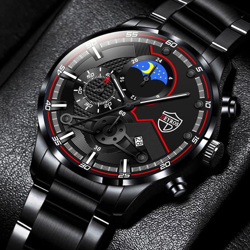 

Wristwatches Fashion Mens Watches Luxury Men Stainless Steel Quartz Wrist Watch Calendar Luminous Clock Man Sports Casual Leather WatchWrist, L black silver white